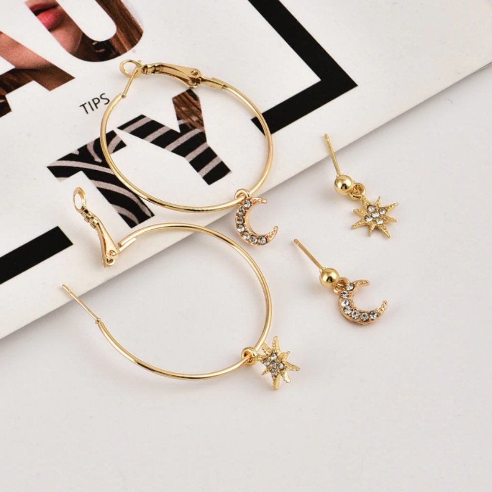 Gold Star Moon Stud & Hoop Earrings Set - Picture 2 of 6